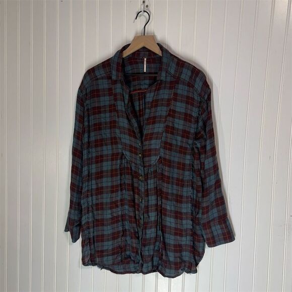 Free People Plaid Button Blouse M Wool Blend Grunge Cottagecore Boho Fall Shirt - Picture 1 of 10